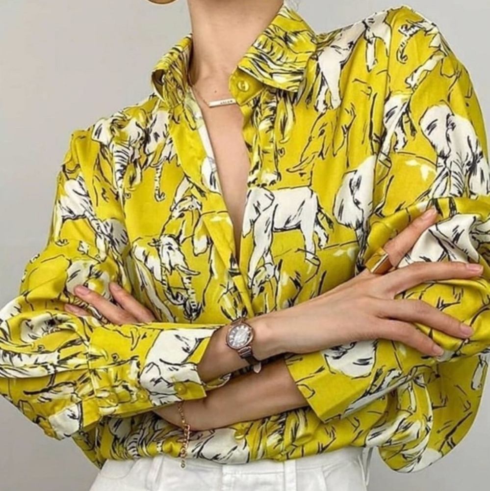 ZARA Oversized Button Down size Small Retro Elephant Print Silky Blouse Relaxed